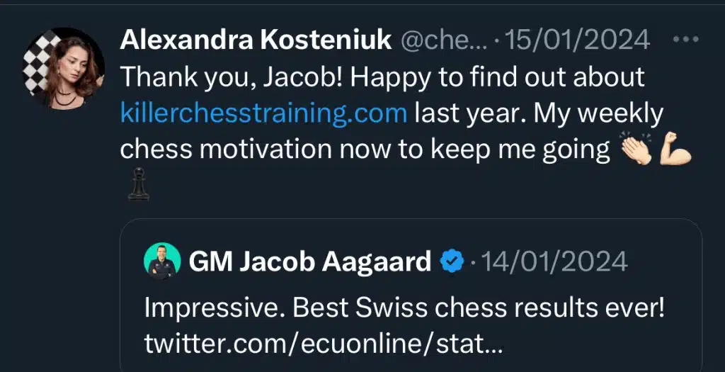 Alexandra Kosteniuk thanks GM JAcob Aagaard and Killer Chess Training